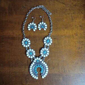 Western Boho Turquoise Squash Blossom Necklace & Earring Set Silver Tone
